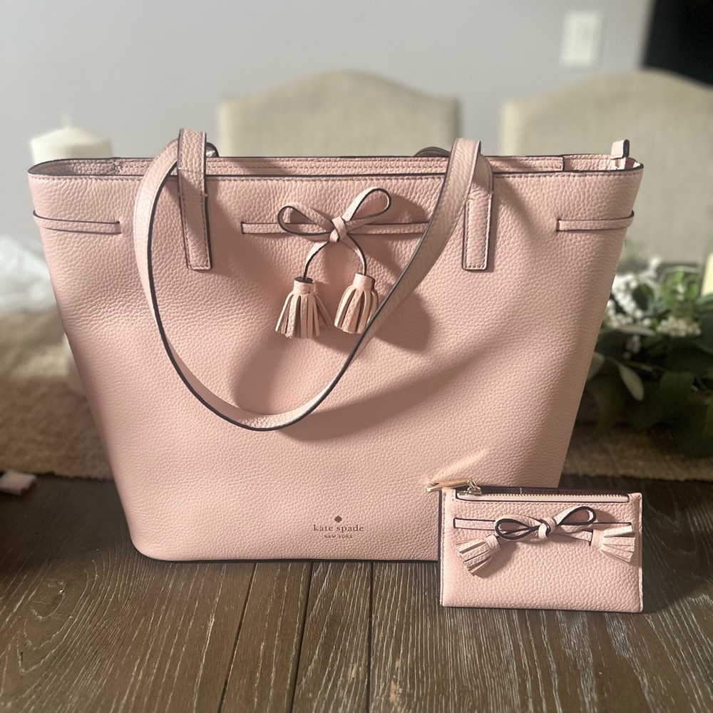 NWT Kate Spade Md Top Zip Tote pebbled leather Rose smoke & Small Hayes wallet